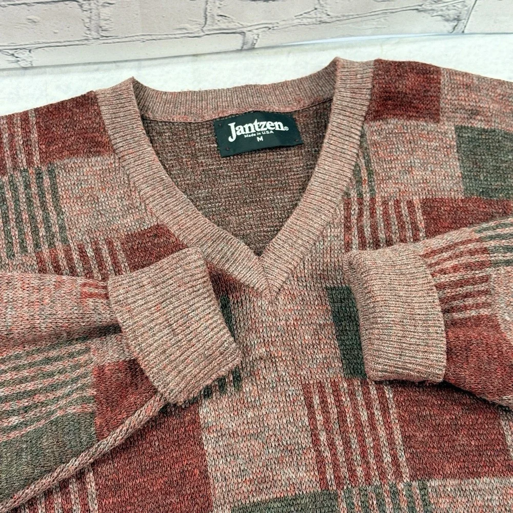 Vintage 80s Jantzen Wool‎ Blend Sweater Men's M Red V Neck Geometric USA Dad